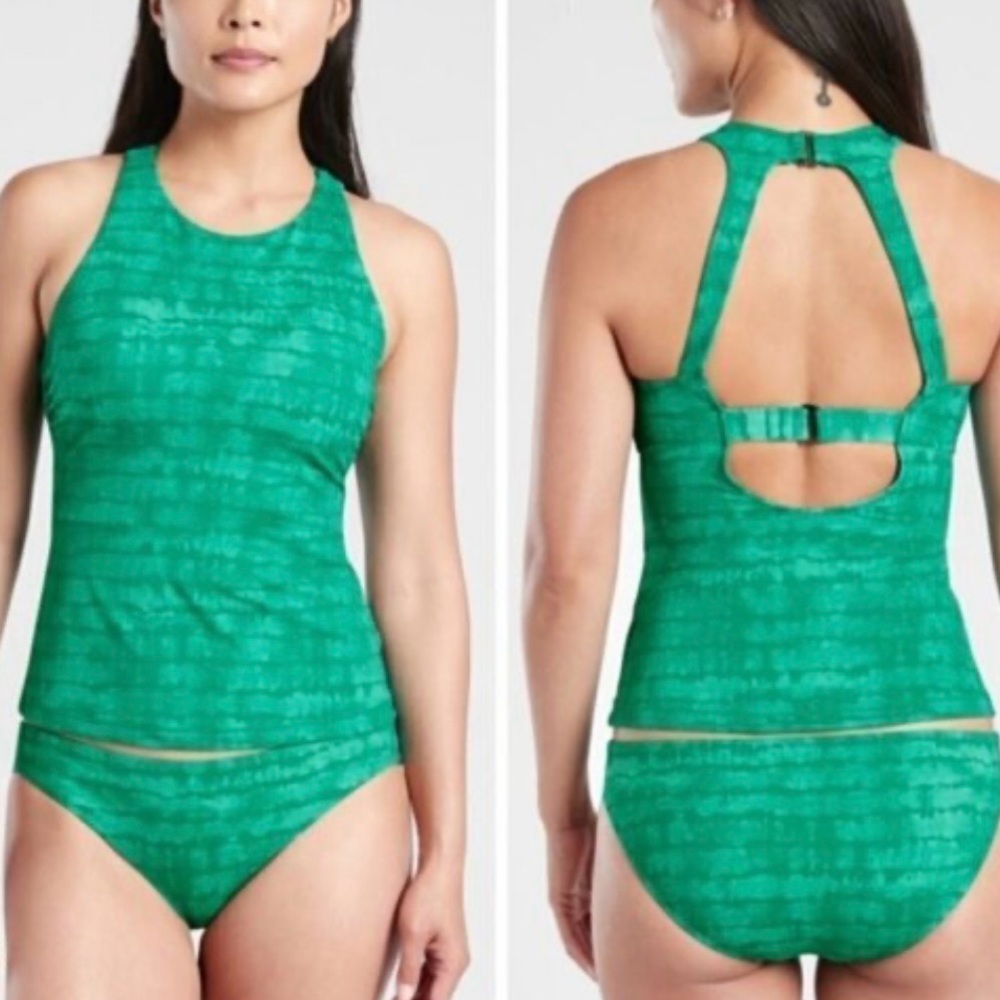Athleta Maldives Print Tankini Top Green Bikini Support Bra High Neck S 32B 32C